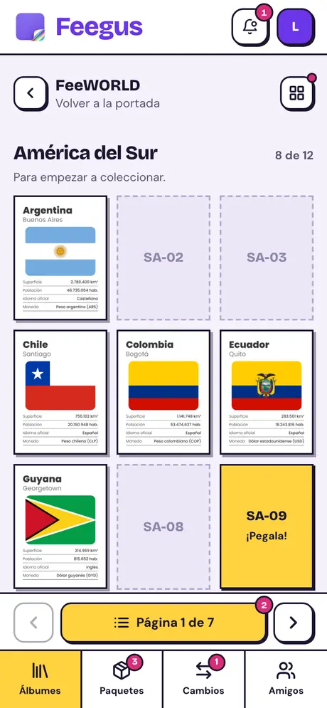 Página del álbum con feegus pegadas y lugares vacíos