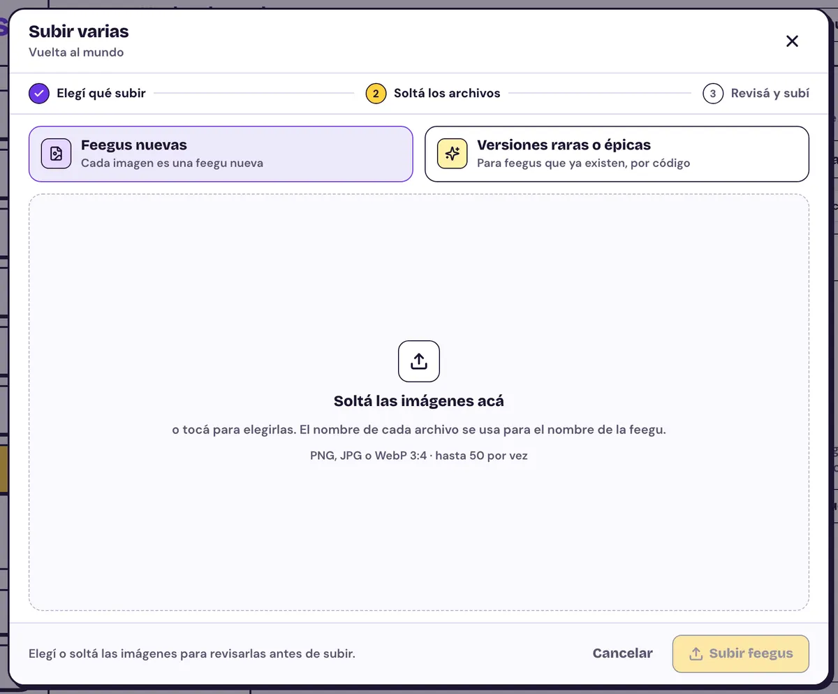 Ventana Subir varias: elegir entre feegus nuevas o versiones raras o épicas y la zona para soltar las imágenes.