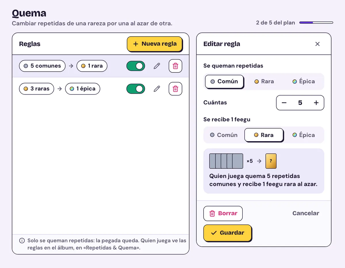 Quema: dos reglas (5 comunes por 1 rara y 3 raras por 1 épica) y una abierta para editar con la vista previa de la regla.