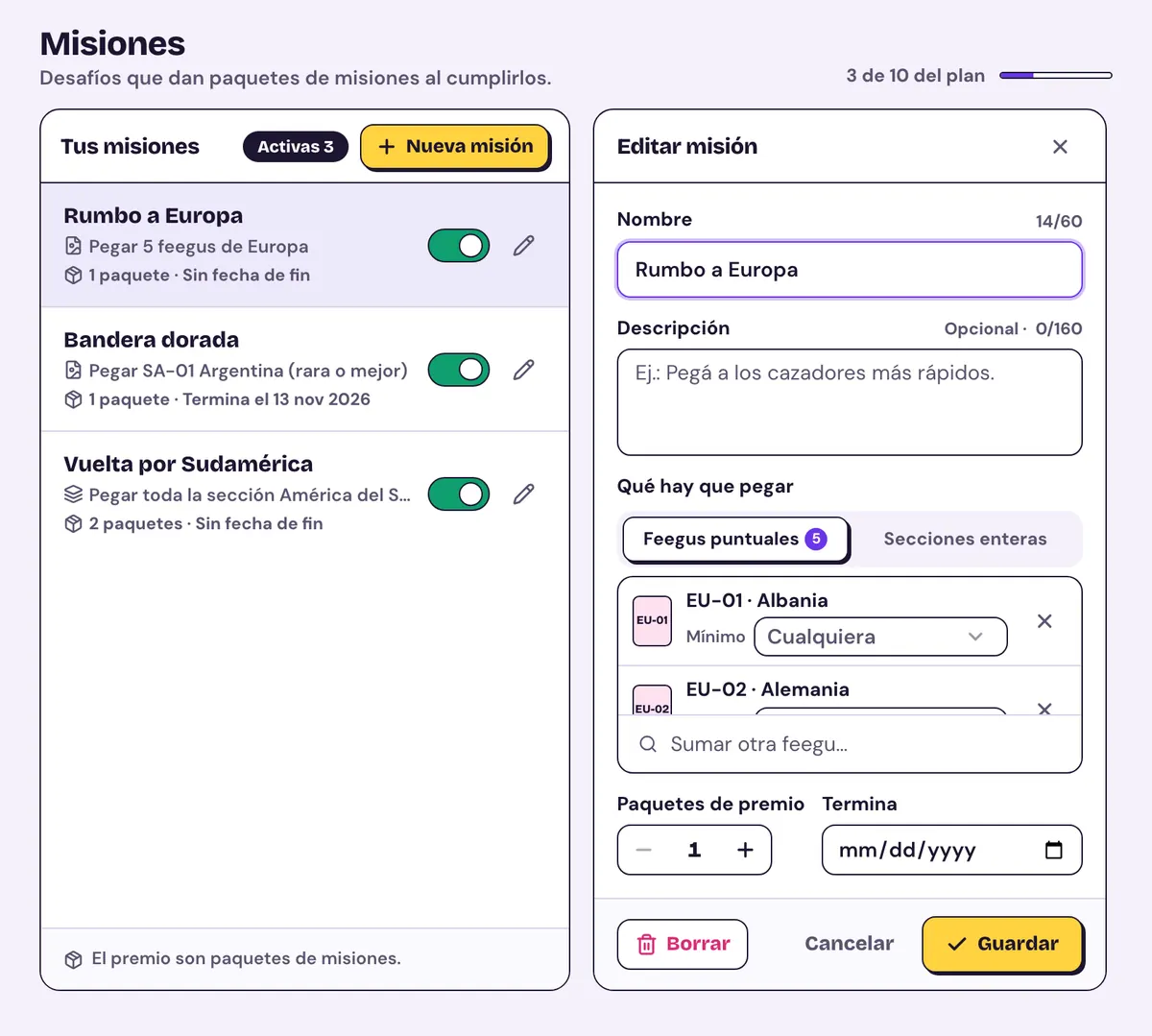 Misiones: la lista de misiones con su interruptor y, al lado, una misión abierta para editar con las feegus que hay que pegar, los paquetes de premio y la fecha de fin.