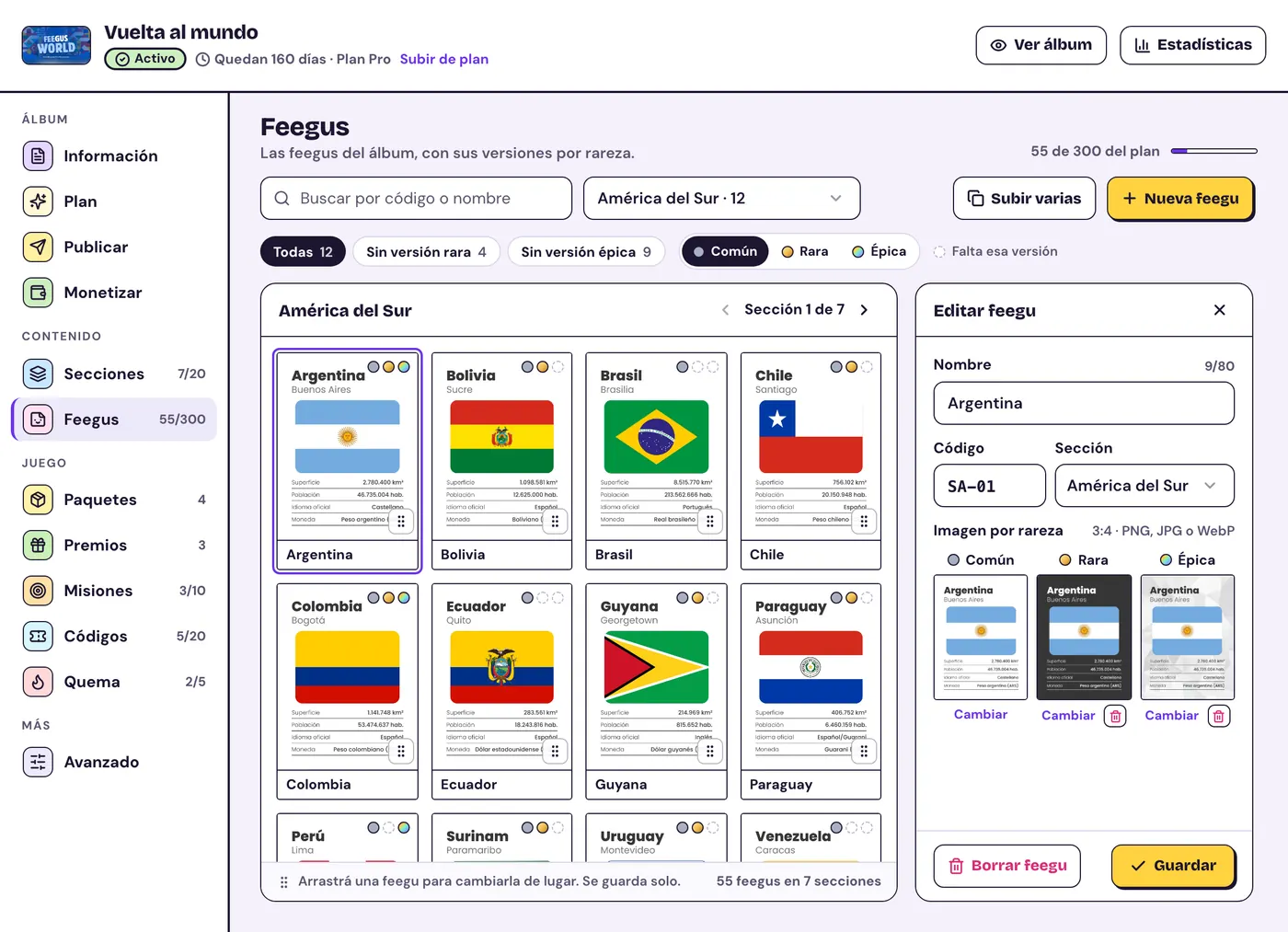 El editor en la computadora: arriba la tapa, el estado y los días que quedan; a la izquierda las partes del editor; en el centro la grilla de feegus de una sección y, a la derecha, la feegu elegida con sus imágenes común, rara y épica.