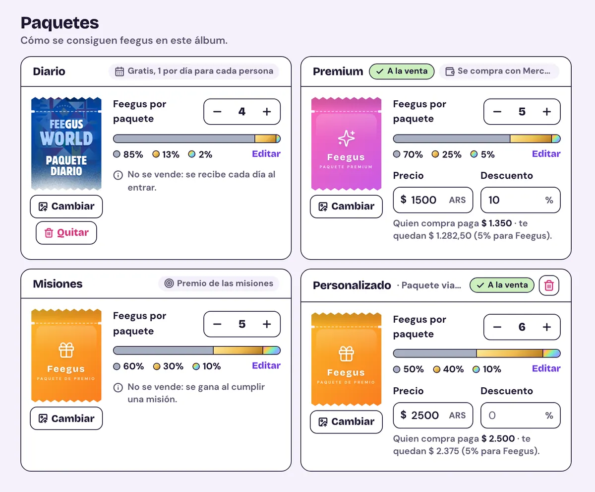 Paquetes: las tarjetas Diario, Premium, Misiones y Personalizado, cada una con su portada, feegus por paquete, barra de probabilidades y, en las que se venden, precio y descuento.