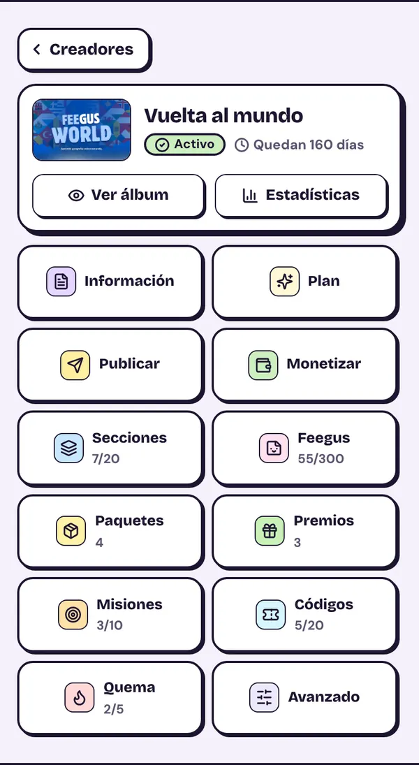 El editor en el celular: la tapa del álbum y un botón por cada parte del editor, con lo usado del plan.