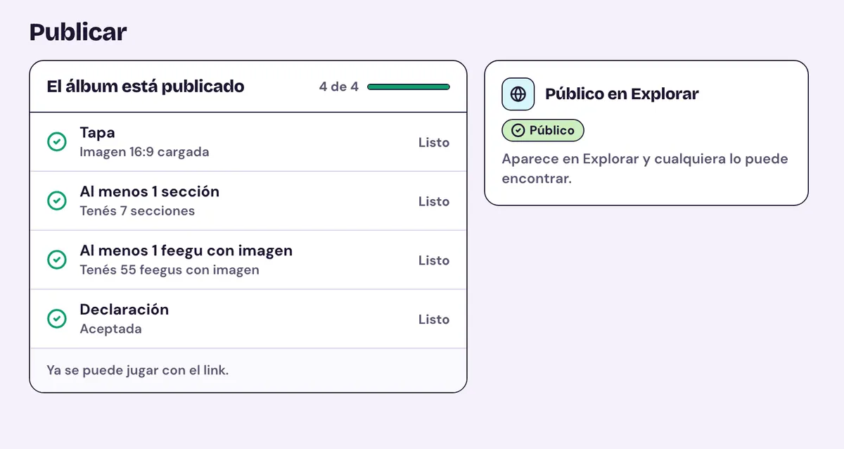 Publicar: la lista de lo que hace falta (tapa, una sección, una feegu con imagen y la declaración), todo listo, y la tarjeta Público en Explorar.