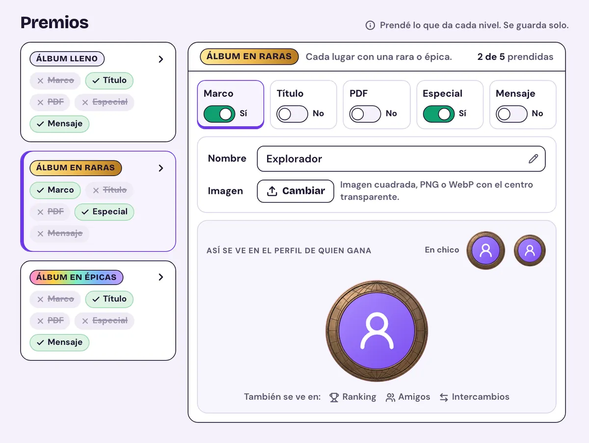 Premios: los tres niveles a la izquierda y, del nivel elegido, las partes que da (marco, título, PDF, premio especial y mensaje) con una vista de cómo se ve en el perfil de quien gana.