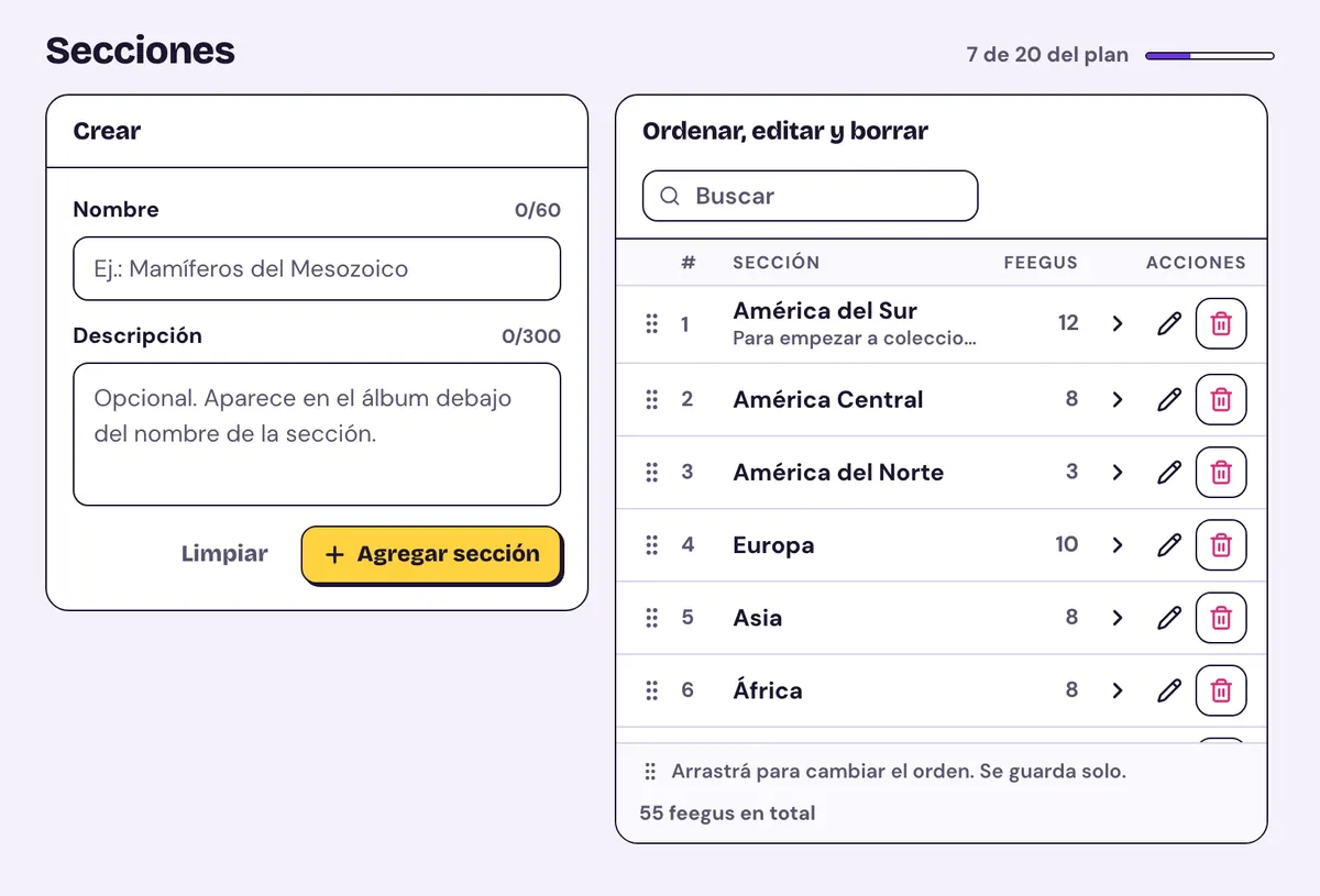 Secciones: el formulario para crear una sección y la lista para ordenar, editar y borrar, con la cantidad de feegus de cada una.