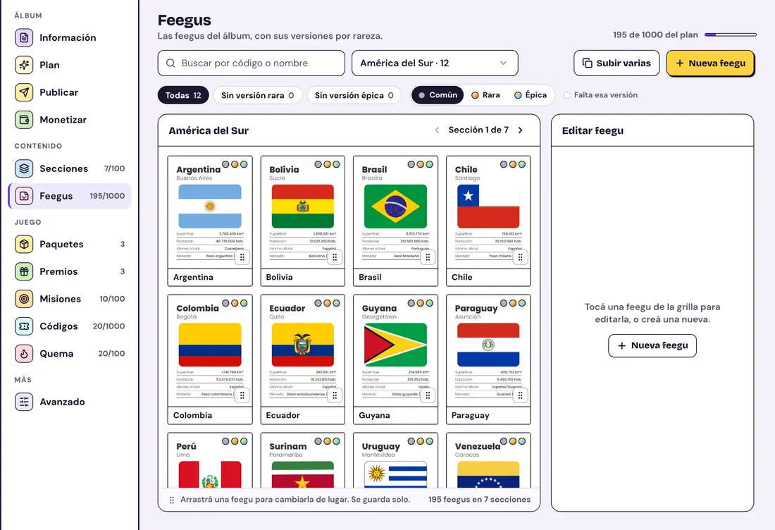 El panel del creador: la grilla de feegus de un álbum, con sus versiones por rareza