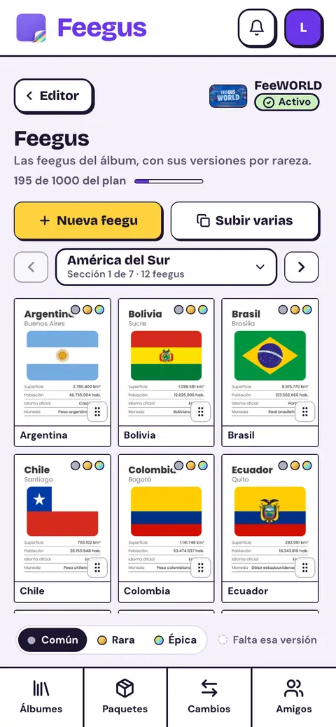 El panel del creador: la grilla de feegus de un álbum, con sus versiones por rareza